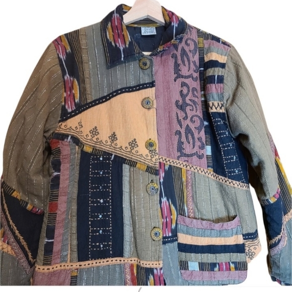 Parsley & Sage brown green long-sleeved Button-down asymmetrical patchwork coat - Picture 7 of 9